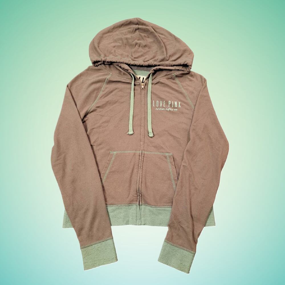 Victoria's Secret "Love Pink" Medium Zip-up Hoodie Gray & Sea Blue Green Color